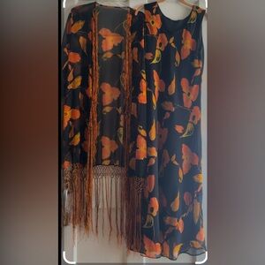 Vintage 2-Piece Chic Black Kimono and Dress with Orange Floral Design
